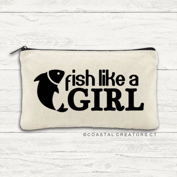 "Fish Like a Girl" Canvas Multi-Purpose Pouch (Packaged) for wholesale by Coastal Creators of Connecticut
