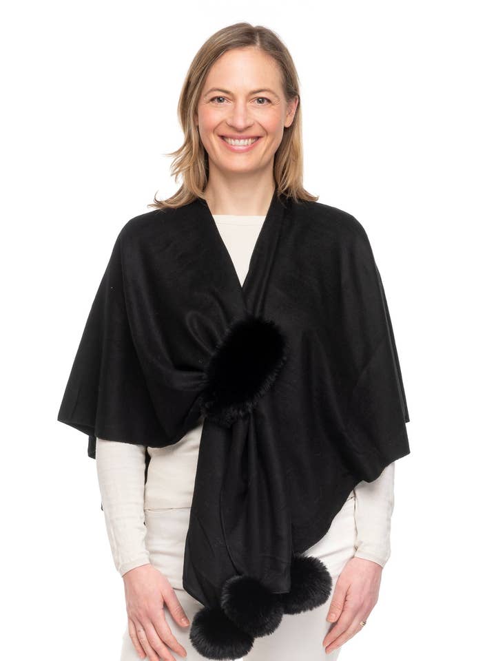 Livia FB107 Wrap with Faux Fur Pom Poms and Central Loop Black for wholesale by Franchetti Bond