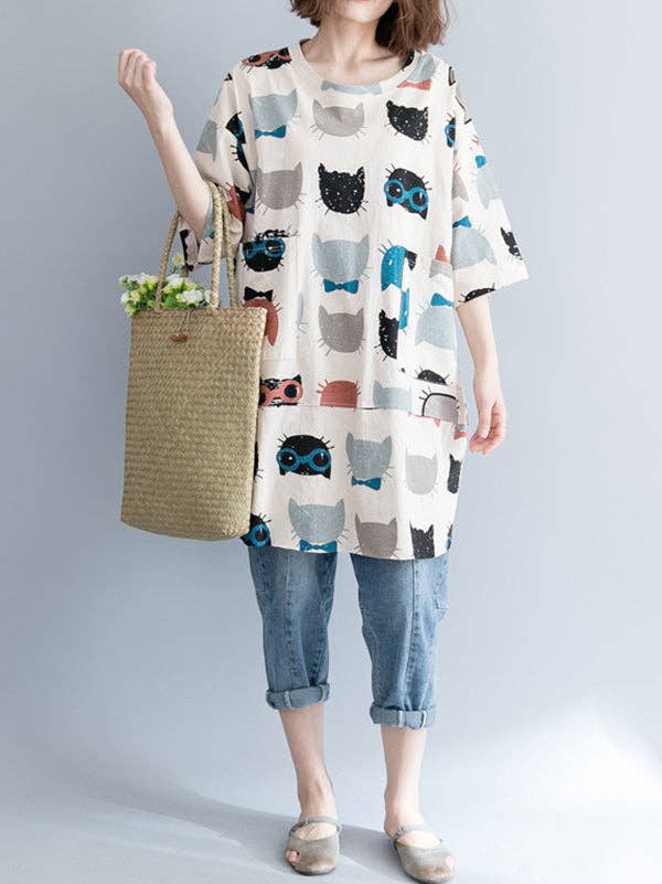 BEIGE Casual tecknad tryckt rund hals T-Shirt för wholesale på Faire1