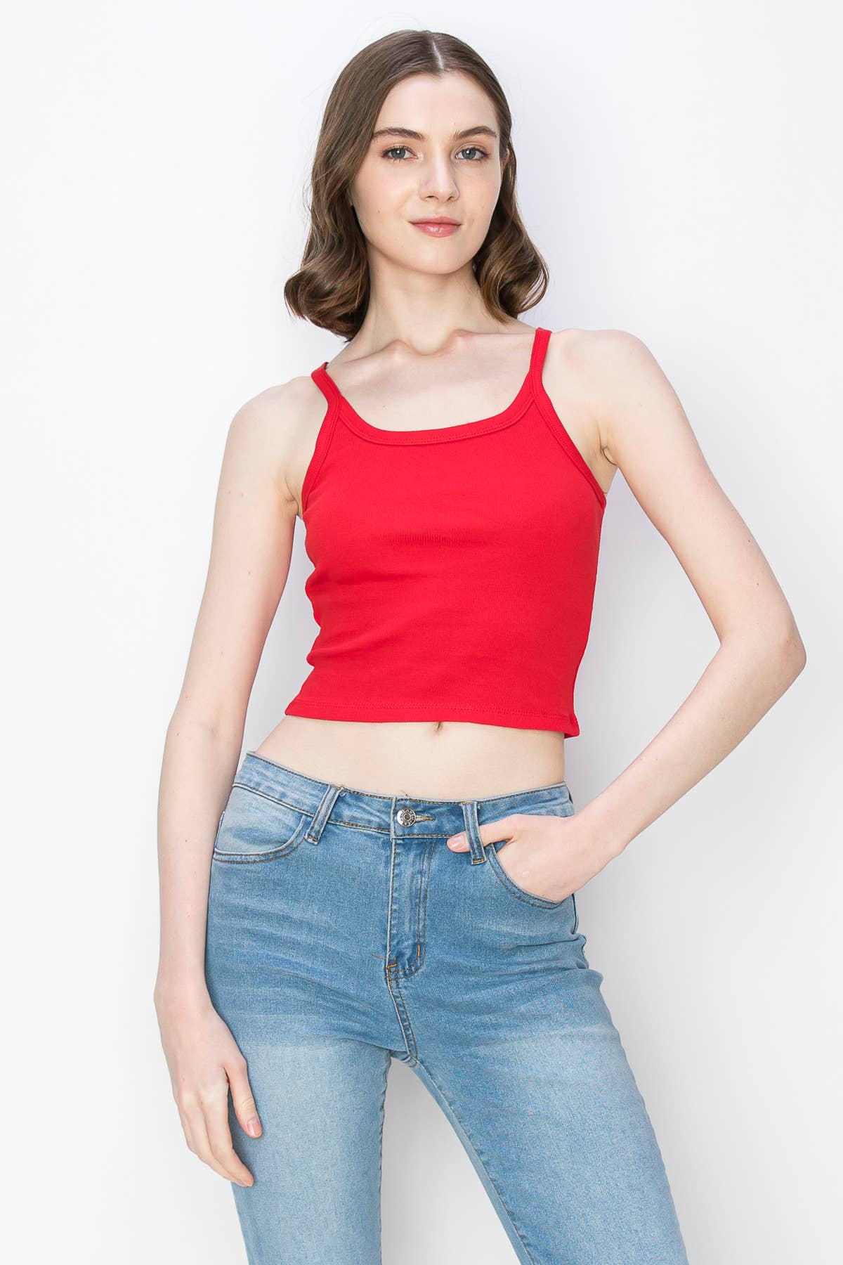 Color 5 - Vente Débardeur – femme - Débardeur spaghetti court en coton côtelé et élasthanne de couleur unie0