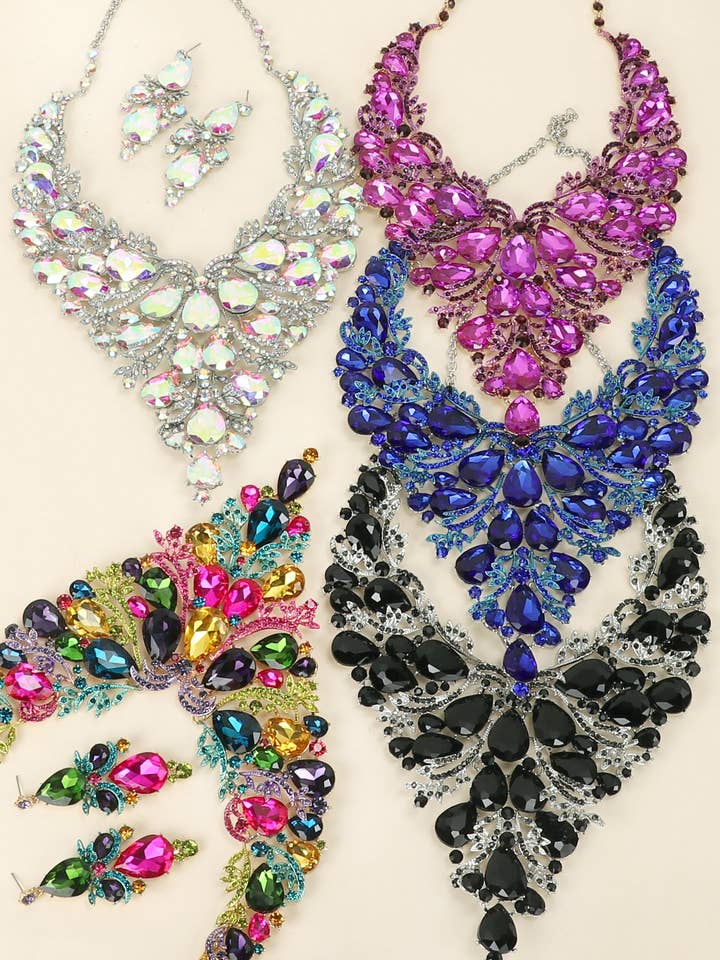 Crystal Gemstone Cluster V-Shaped Necklace Set for wholesale by SP Sophia Collection