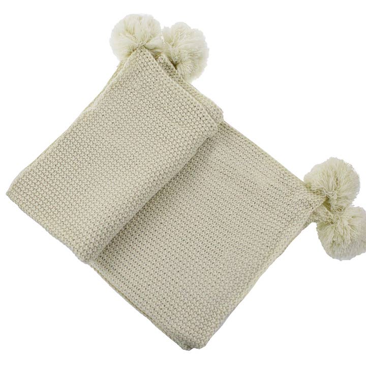Fennco Styles - Wholesale Throw Blanket - Natural Chunky Knit Pom Pom Throw Blanket