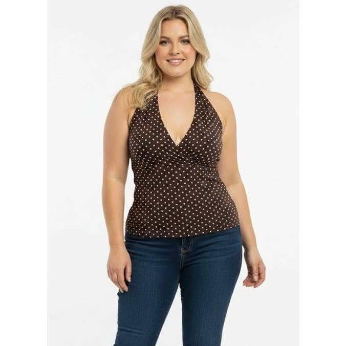 Linne i plusstorlek med prickigt mesh och knytbar halterneck för wholesale av Curve Market