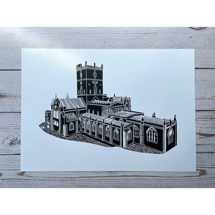 St Davids Cathedral A4 Lino Print | Welsh Church Art Linocut for wholesale by Georgina Doodles