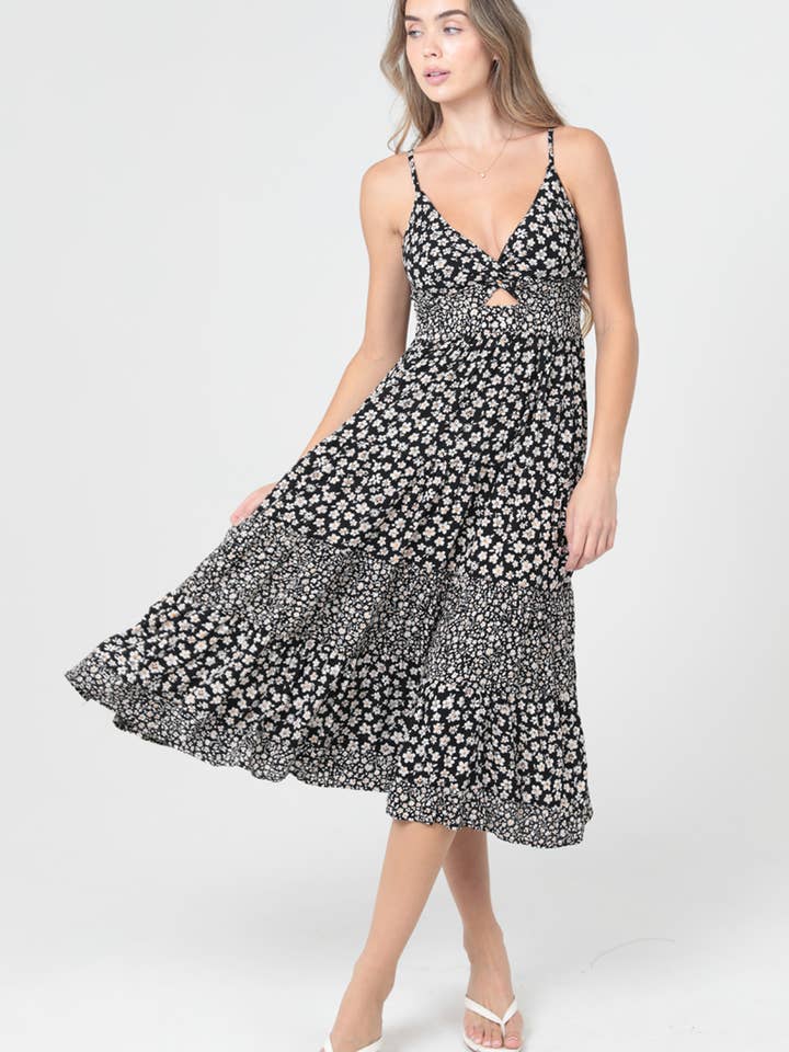 C4G58-A901-WA02 MIXED PRINT V NECK TWIST FRONT CUT OUT MIDI for wholesale by ANGIE