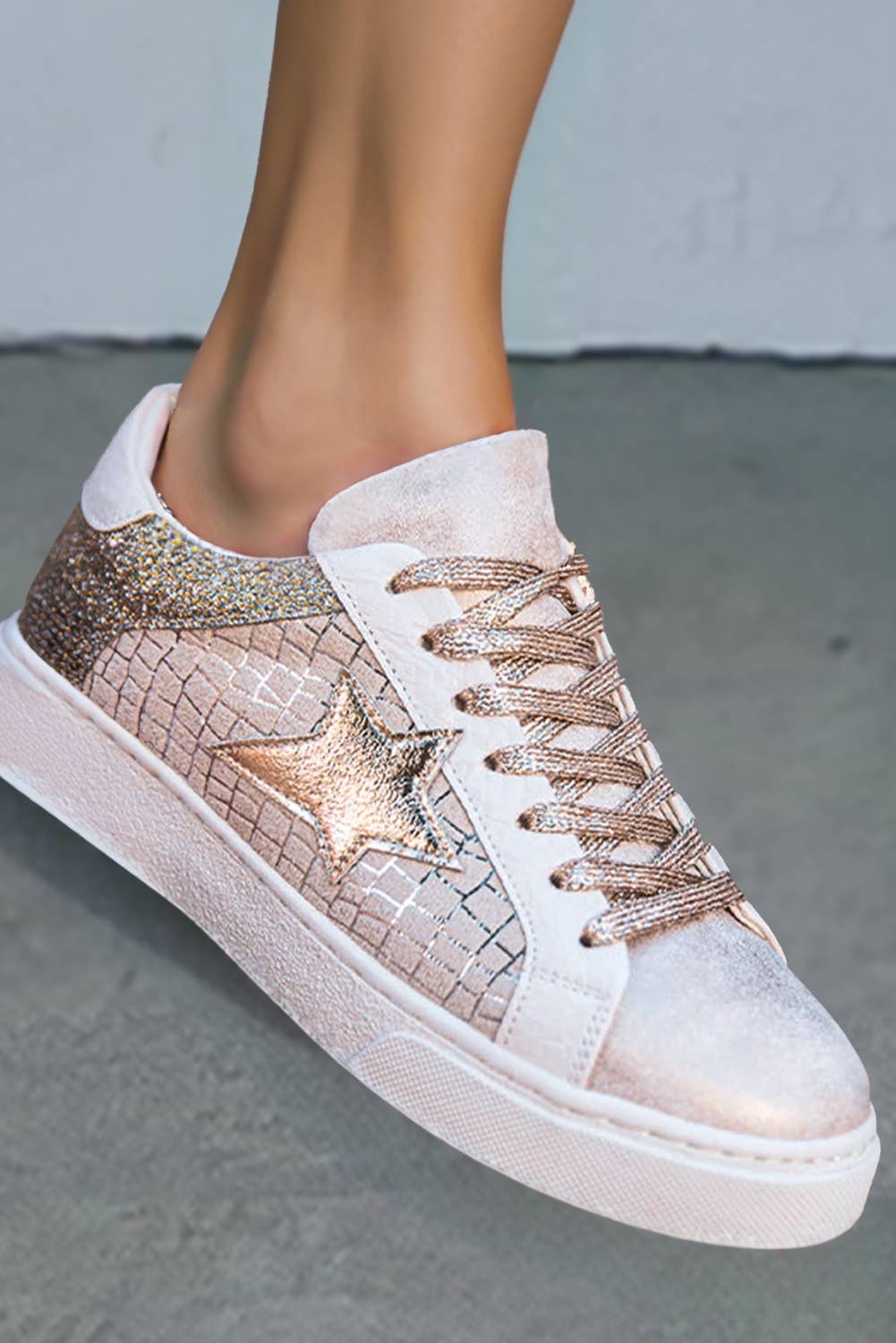 Gold Fashion-W Glitter Star Patchwork PU Leather Lace-up Sneakers for wholesale on Faire1