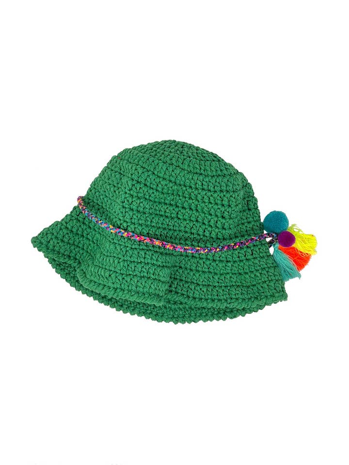 Emerald green crochet bucket hat with pom pom for wholesale by Tétè Accessories