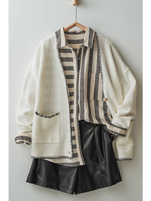 IVORY Contrast Stitch Button Front Relaxed Knit Cardigan for wholesale on Faire8