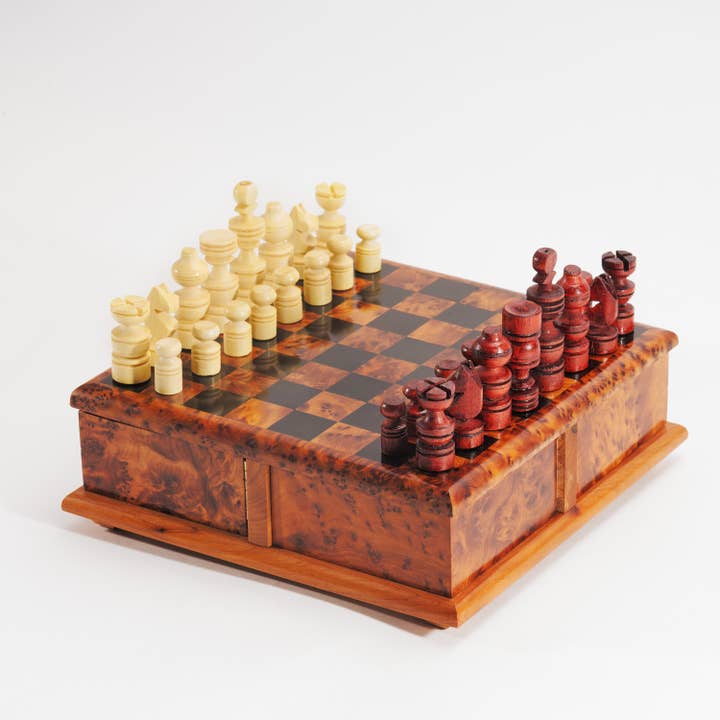 Thuya Wood Rotary Chess Board With Folding Compartments for wholesale by Yemma Goods