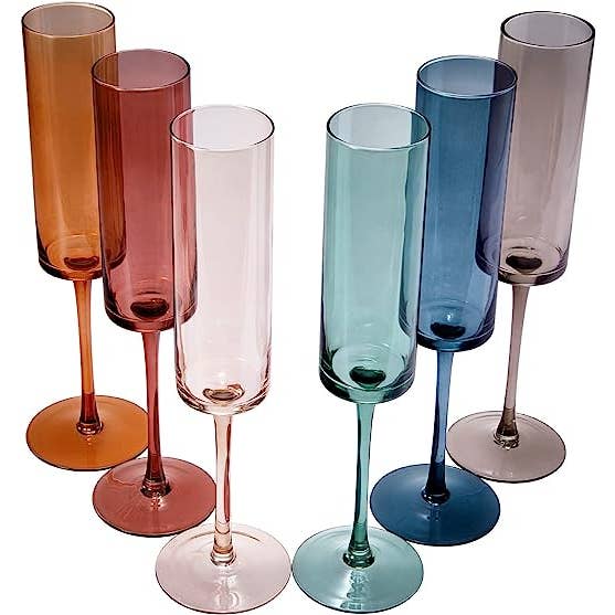 The Wine Savant / Khen Glassware – wholesale Champagne flute – Khen Muted Rainbow Champagne Flute Stemmed Glasses Set of 6
