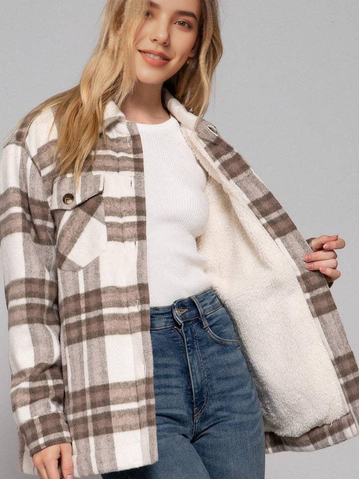 .1009 Inner Faux Fur Brushed Plaid Jacket W/ Pocket SI-21465 for wholesale by 42POPS
