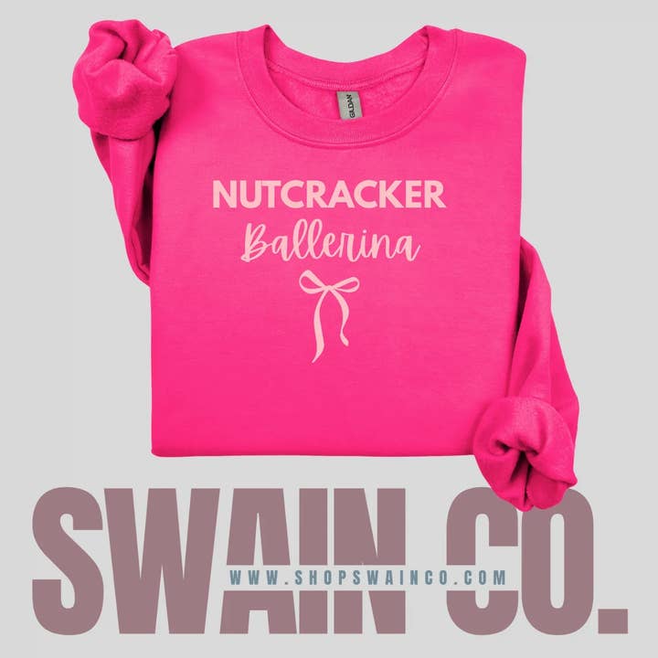 Nutcracker Ballerina Sweatshirt with Embroidered Bow | Pink Christmas Crewneck | Holiday Ballet Gift | Personalization Optional for wholesale by Swain Co. Embroidery & Press