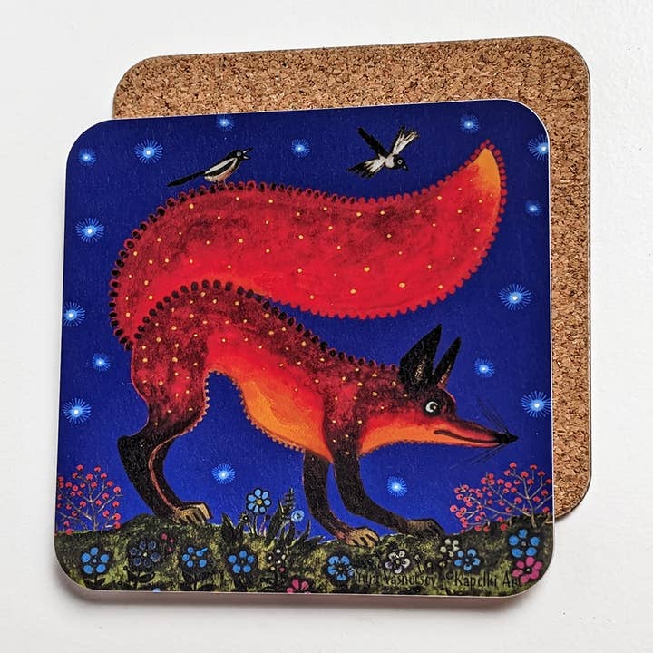 Red Fox on Blue folk art cork coaster for wholesale by Kapelki Art