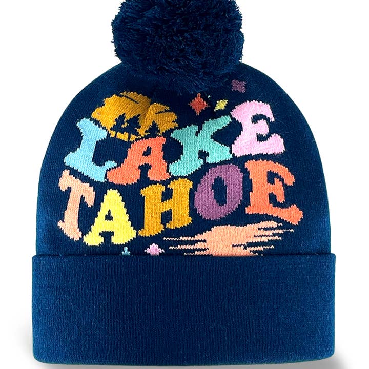 Lake Tahoe Outdoor Knit Beanie with Pom Pom Colorful Graphic Lettering Hat for wholesale by Northern Icons Creations INC