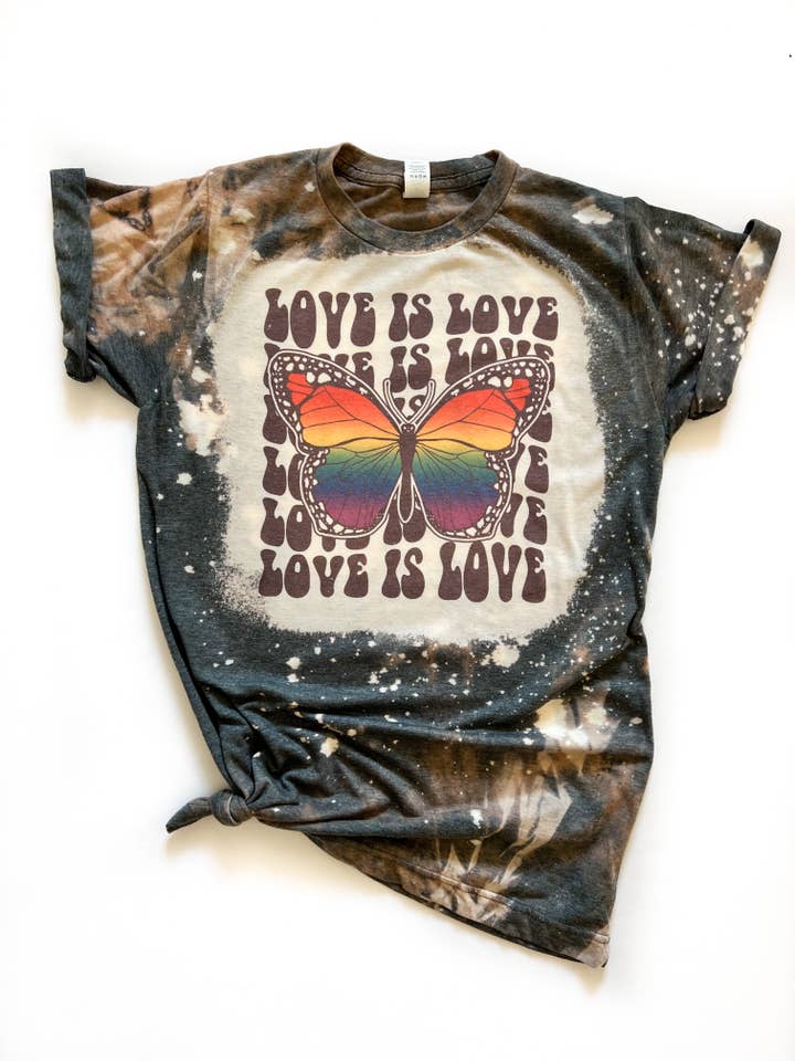 Wandering Owl Designs - Wholesale Screen Printed T-Shirt - Women's - Love Is Love Butterfly Bleached Pride Tee