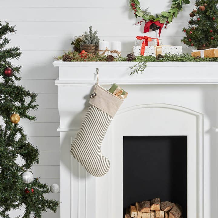VHC Brands - Wholesale Holiday Stocking - Sawyer Mill Charcoal Ticking Stripe Stocking 12x20