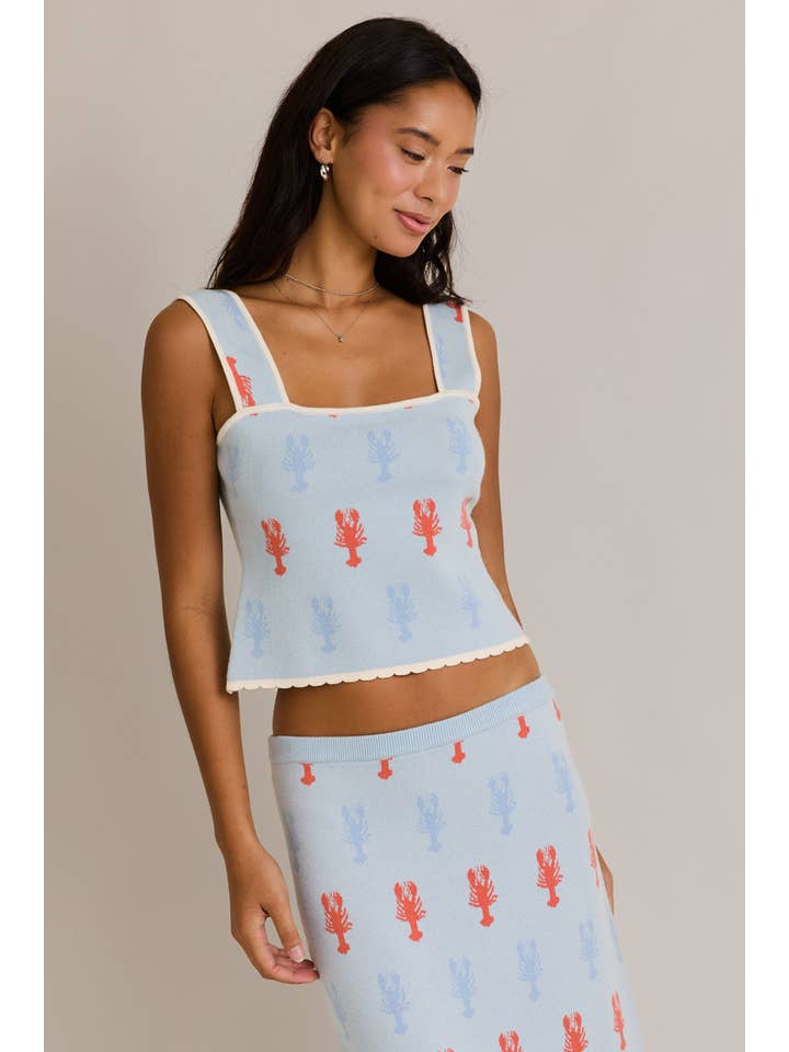 LT BLUE MULTI SCALLOP HEM LOBSTER SWEATER TOP WITH MIDI SKIRT for wholesale on Faire