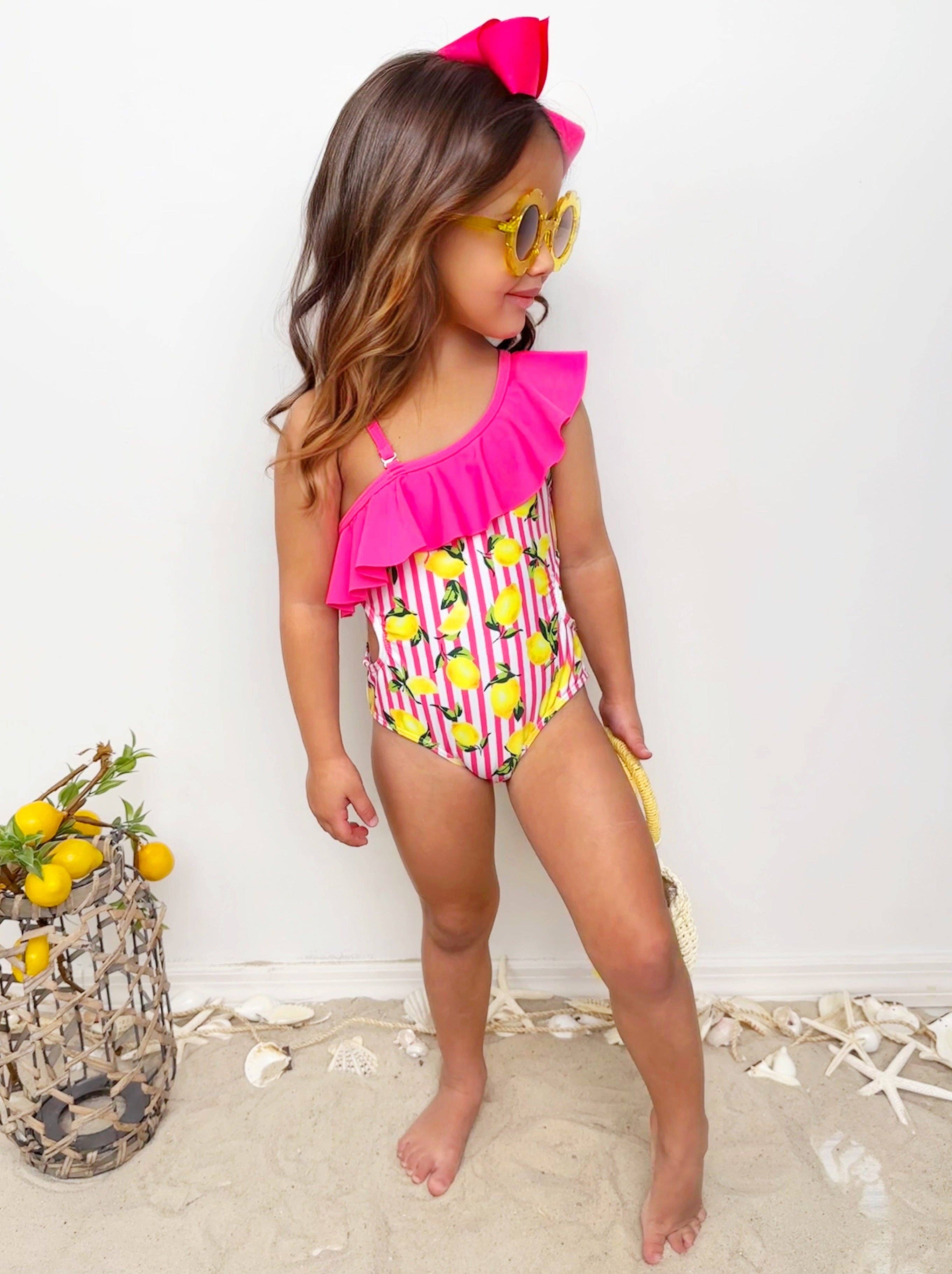 Pink Squeeze The Day Lemon Print Striped Swimsuit and Wrap for wholesale on Faire1