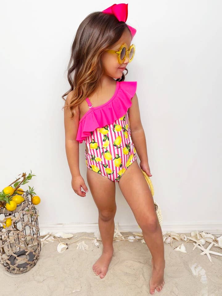 Pink Squeeze The Day Lemon Print Striped Swimsuit and Wrap for wholesale on Faire1