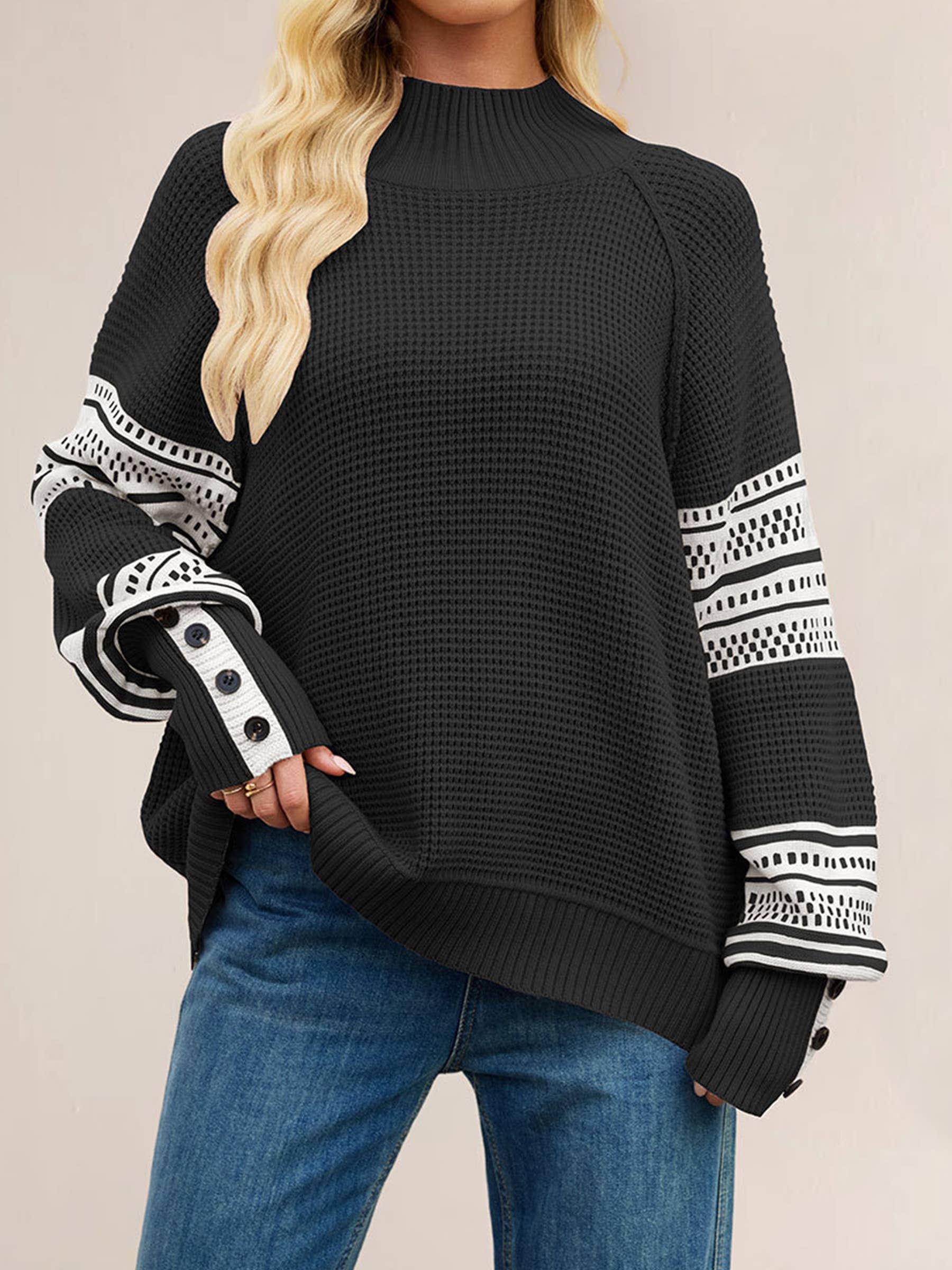 Wholesalesir - Wholesale Knit Sweater - Women's - Knitted Color Blocked Semi High Neck Pullover Sweater0