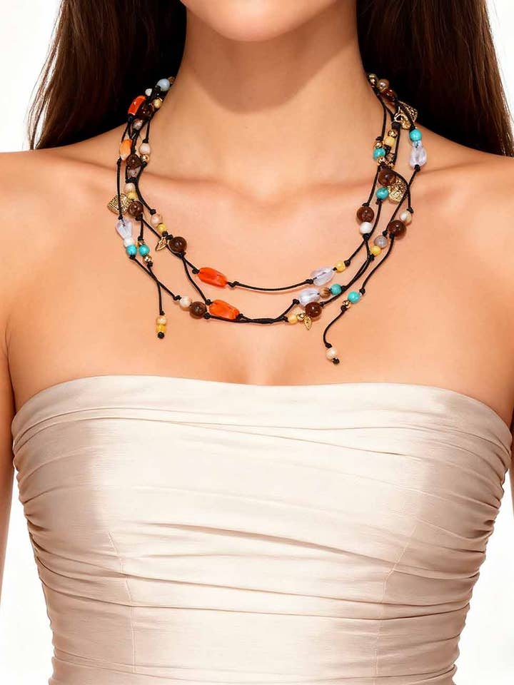 Ladies Colorful Beaded Gold Accent Layered Rope Necklace for wholesale by Sweetkama