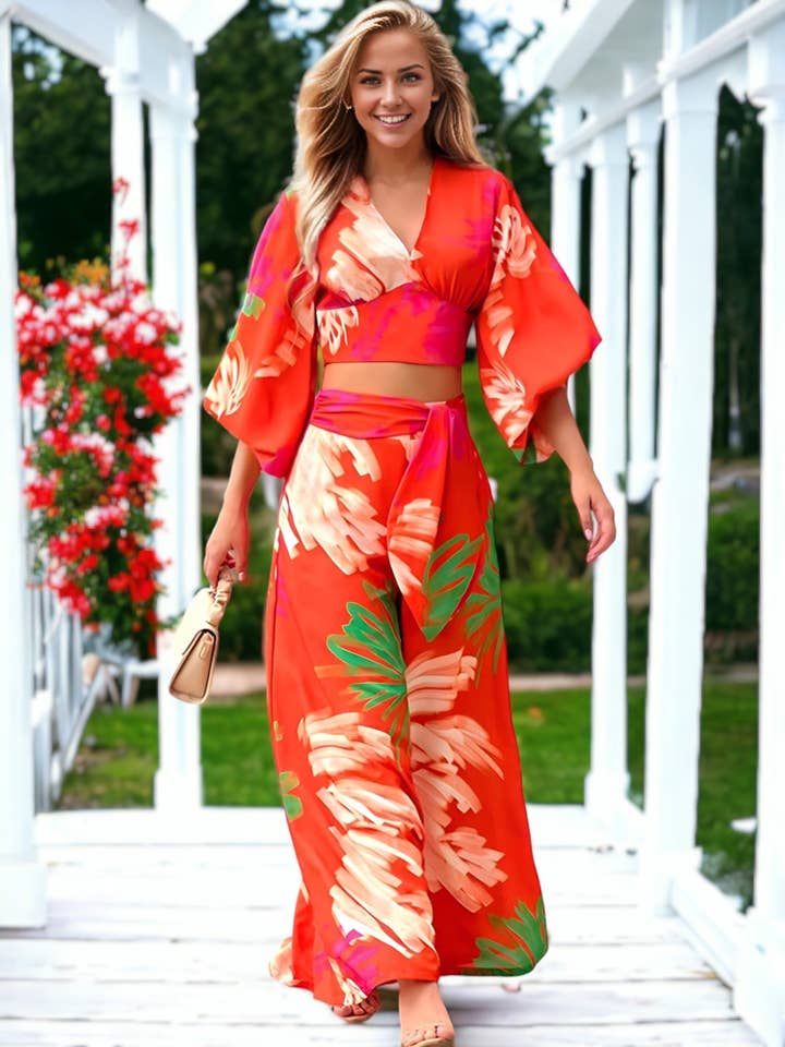 Anna Kaci Wholesale - Wholesale Top & Pant Set (NOT Loungewear) - Women's - Tropical Floral Summer Coordinates