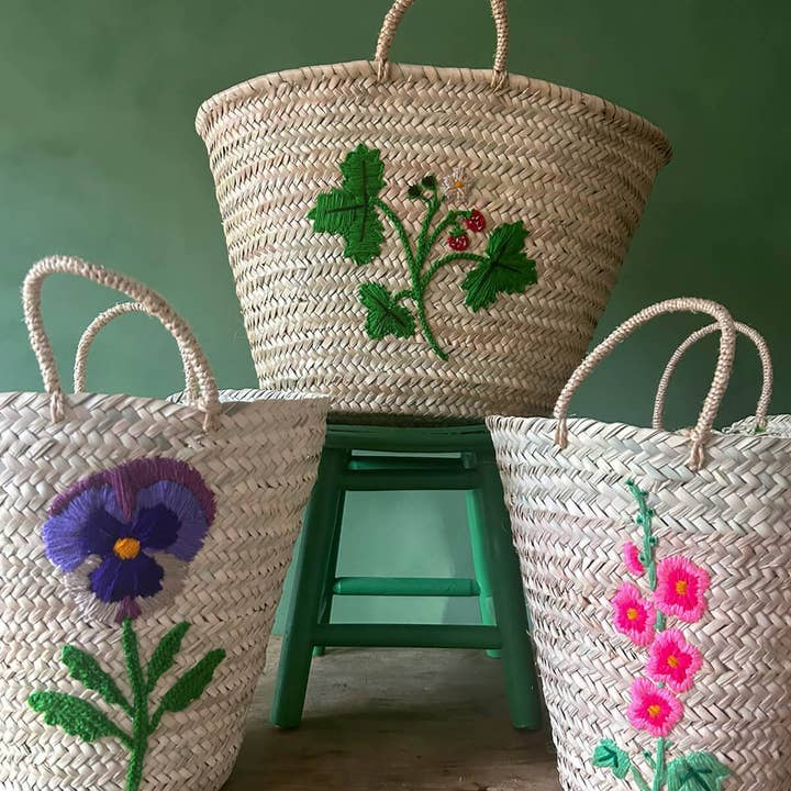 Bohemia Design - Wholesale Basket - Hand Embroidered Market Basket, Wild Strawberry