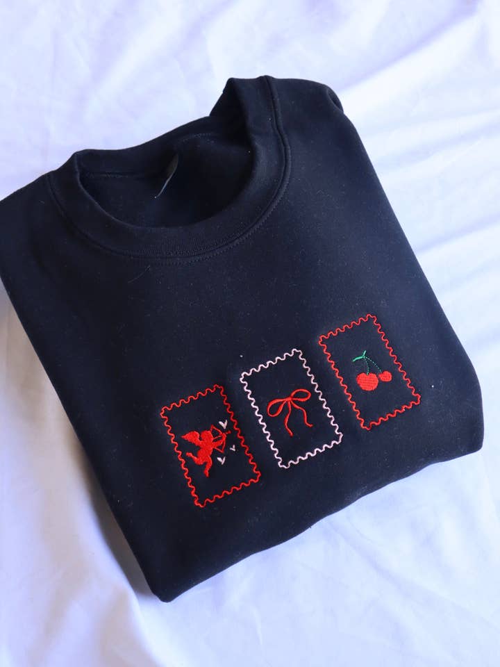 Embroidered Valentine's Day "Valentine's Postage, Angel, Bow, Cherries", Hoodie or Crew Neck, Long Sleeve, Classic fit, Unisex, Adult for wholesale by UNMATCHED