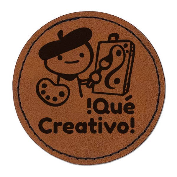 Que Creativo How Creative Artist Spanish Teacher Stamp Round Iron-On Engraved Faux Leather Patch Applique - 2.5 Inch for wholesale by Sniggle Sloth