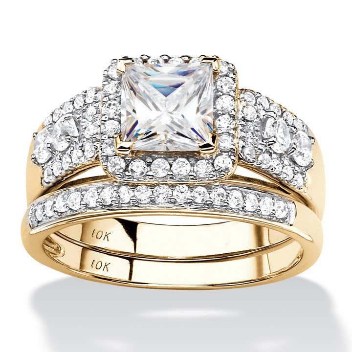 Prinsesse & Rund CZ 2-delt Halo Vielsesringsæt 10k Guld for engroshandel hos PalmBeach Jewelry