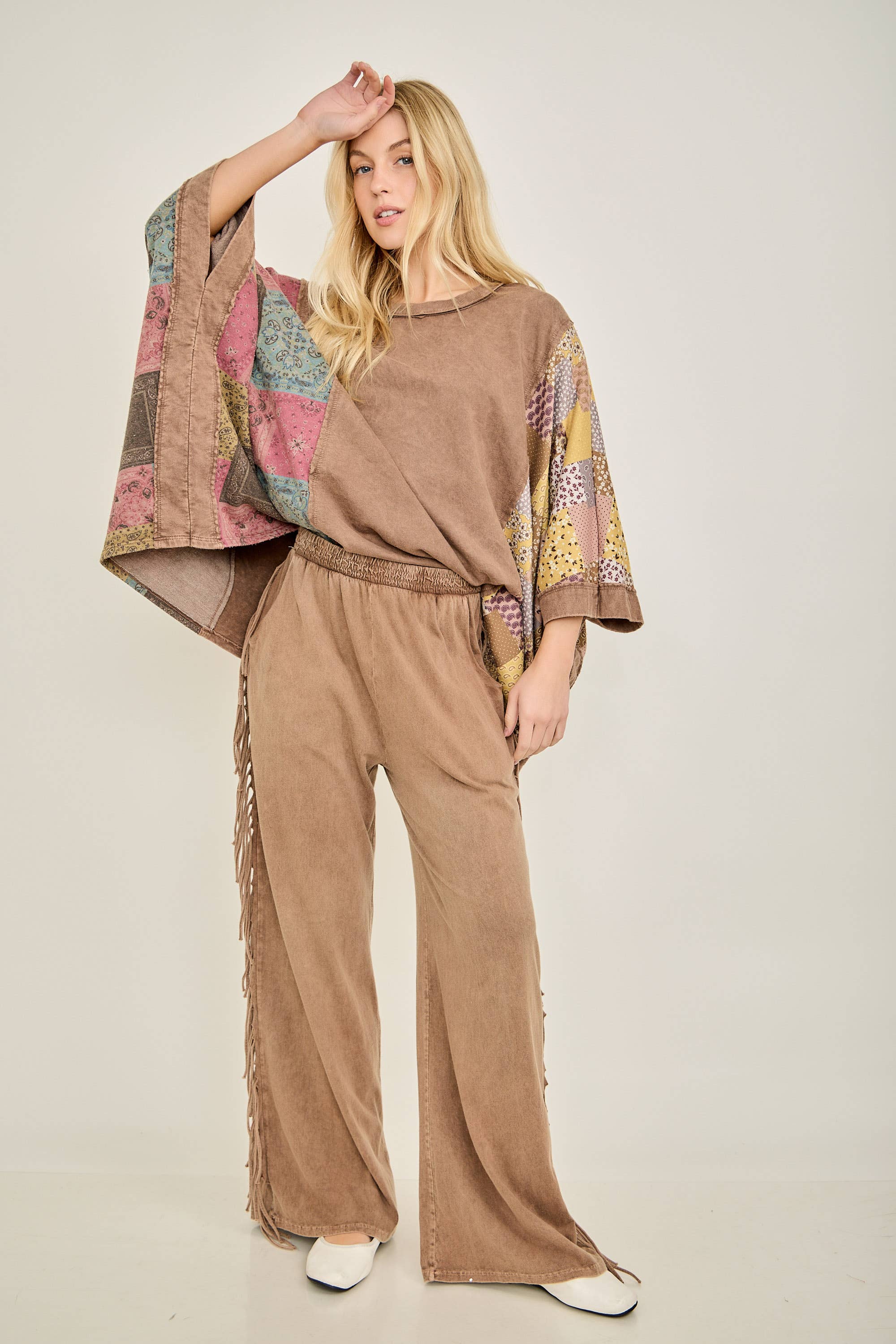 J.Her - Wholesale Poncho - Women's - Mineral Washed Boho Patch Poncho top HT6651 2