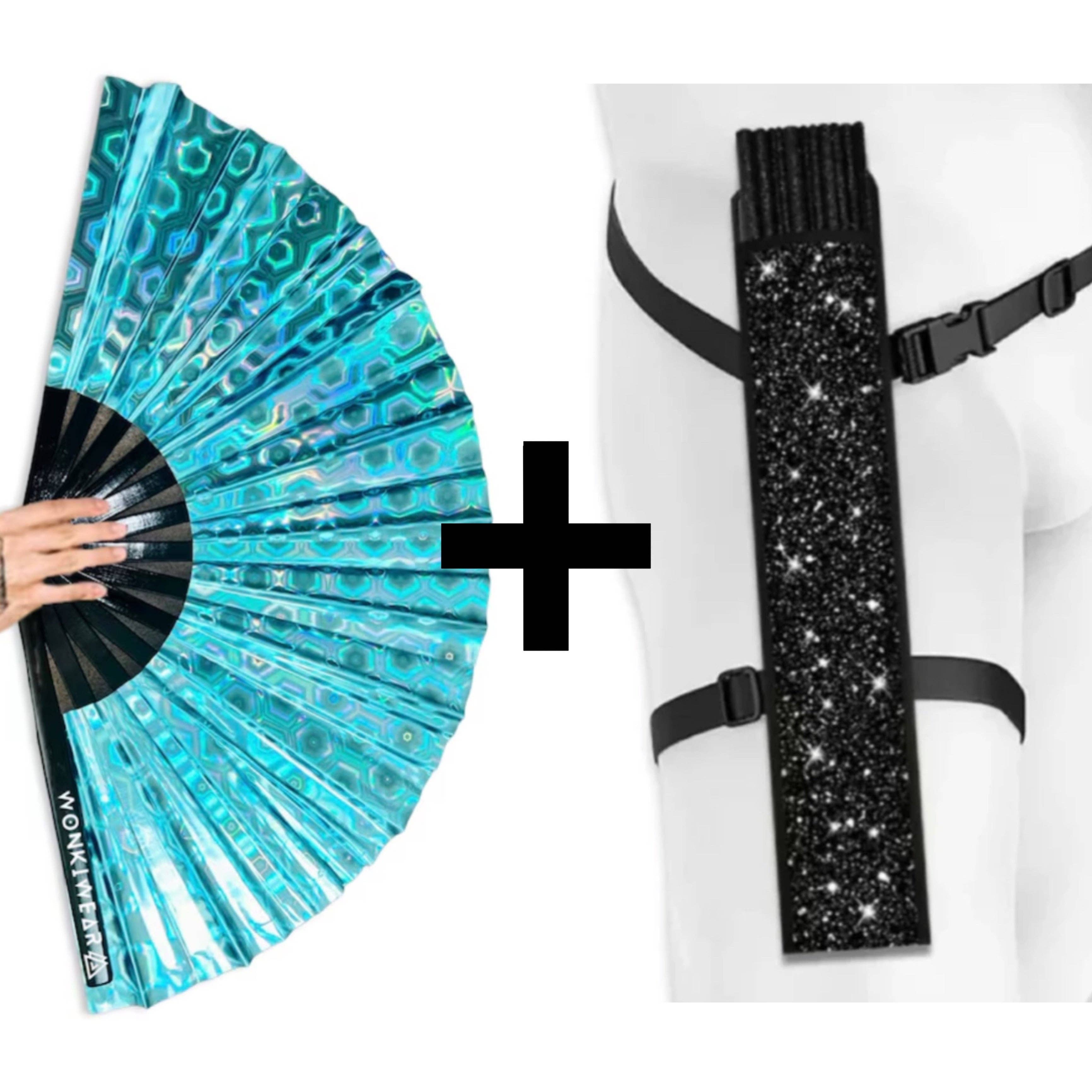 Wonkiwear Ltd – wholesale Handheld folding fan – XL Festival Fan - Holographic, Blue2