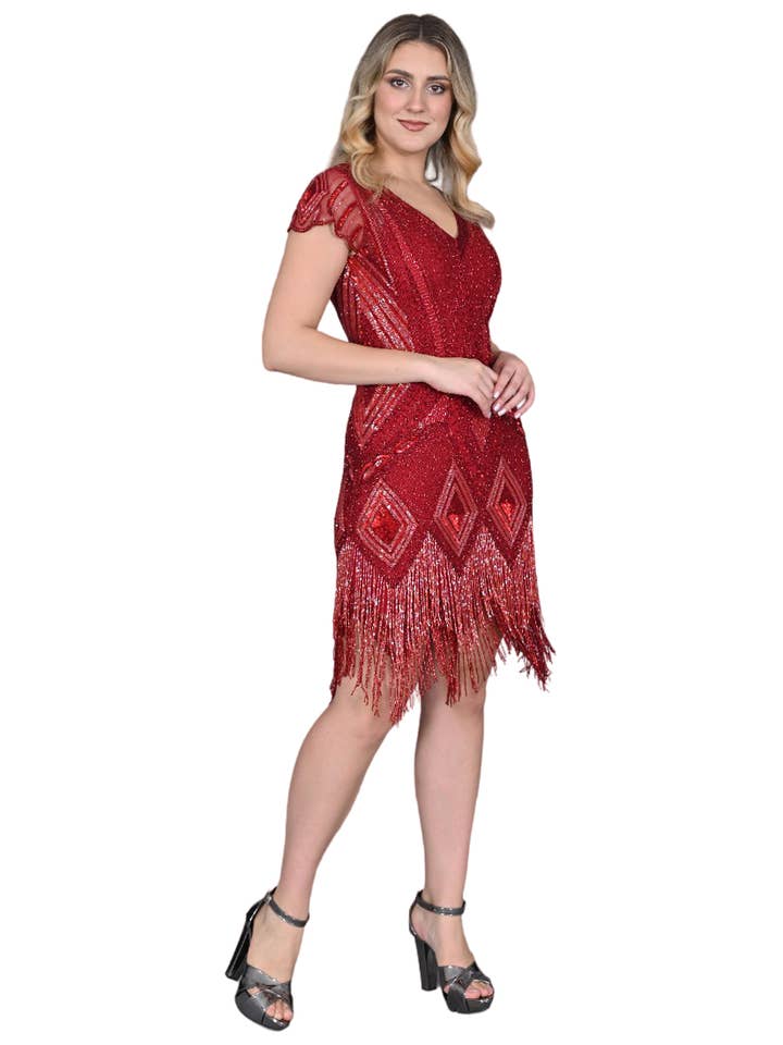 Art Deco Fringe Flapper Dress in Red for wholesale by Gatsbylady London