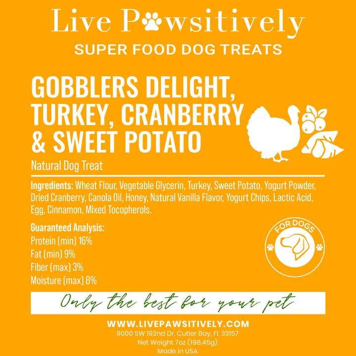 Gobblers Delight Turkey, Cranberry & Sweet Potato Dog Treat for wholesale by Live Pawsitive
