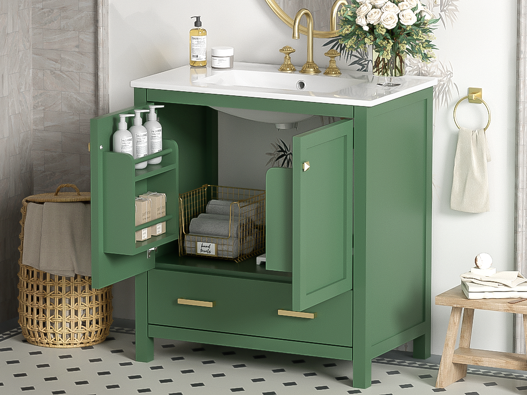 Orange County Decor - Wholesale Cabinet - 30 Inch Green Bathroom Vanity With Single Sink, Combination Under Counter Sink, Bathroom Storage Cabinet With 2 Doors And A Drawer, Soft Closure, Multifunctional Storage Wf324043 Green Bathroom21