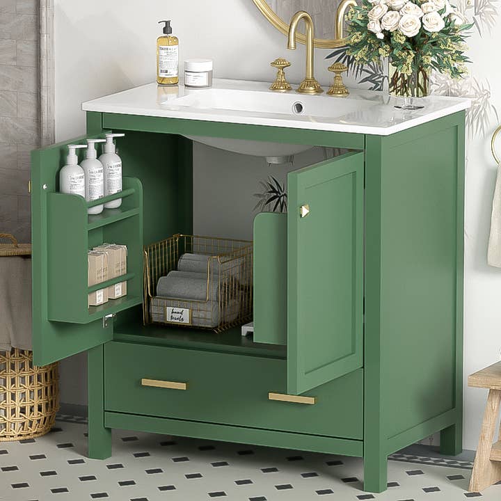 Orange County Decor - Wholesale Cabinet - 30 Inch Green Bathroom Vanity With Single Sink, Combination Under Counter Sink, Bathroom Storage Cabinet With 2 Doors And A Drawer, Soft Closure, Multifunctional Storage Wf324043 Green Bathroom21