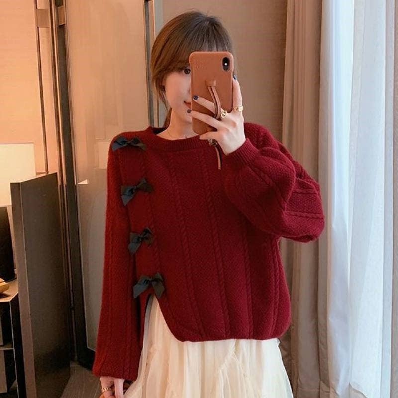 FurDecoration – Engroshandel Pullover - Dame – Sweet bow-knude løs pasform ensfarvet sweater4