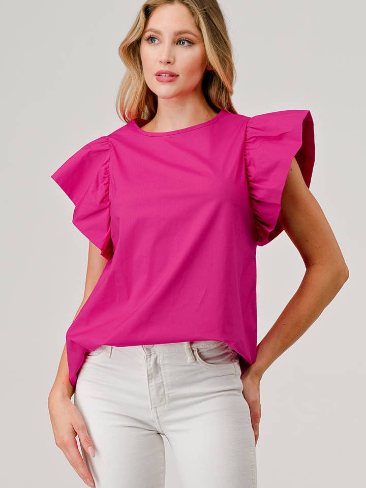 Pixi + Ivy - Wholesale Blouse - Women's - Poplin Exaggerated Ruffle Sleeve Hot Pink