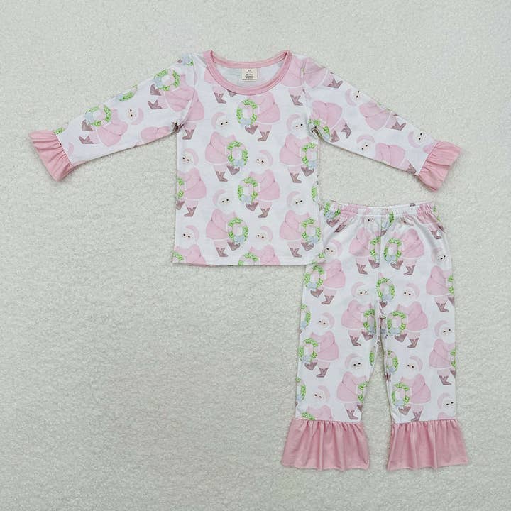 Baby Girls Christmas Pink Santa Top Pants Bamboo Pajamas Clothes Sets for wholesale by Aier Wholesale