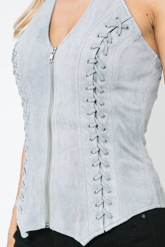 Lydia USA - Wholesale Blouse - Women's - Front Lace Up Back Cut Out Detail Suede Plus Top18