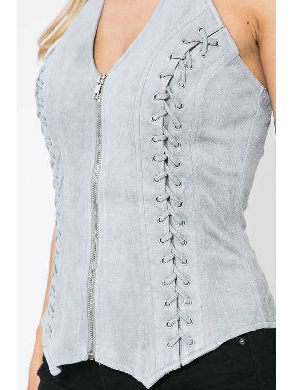 Lydia USA - Wholesale Blouse - Women's - Front Lace Up Back Cut Out Detail Suede Plus Top18