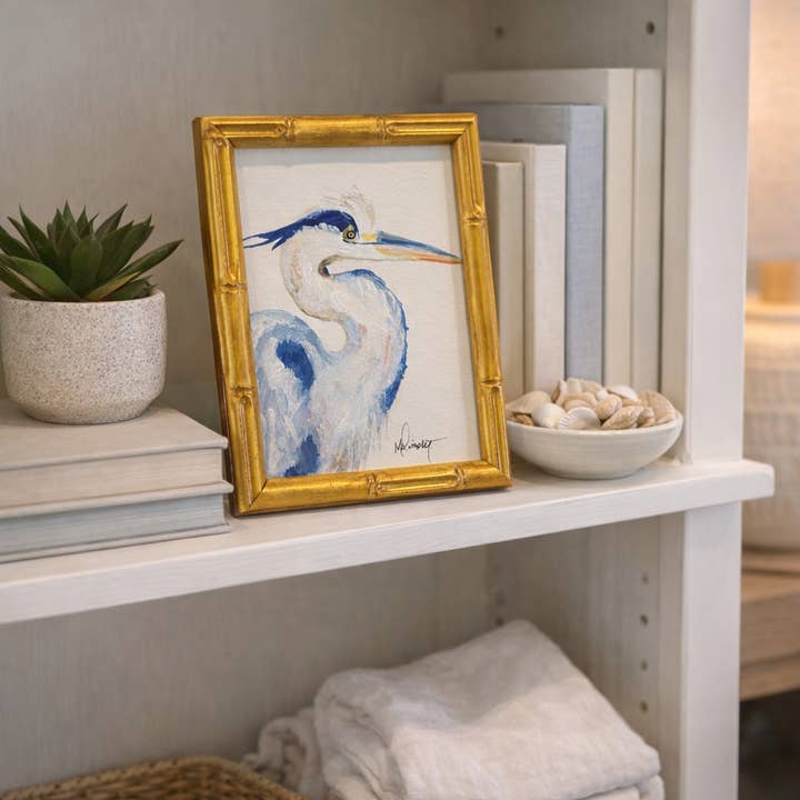 Großer Blauer Reiher – Original gerahmtes Aquarell (5 x 7) für den Großhandel von Paper Shells Studio