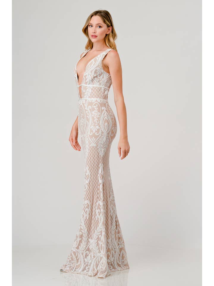 BLANC/NU Robe longue sirène Lovesome en sequins avec décolleté en V plongeant en vente sur Faire1