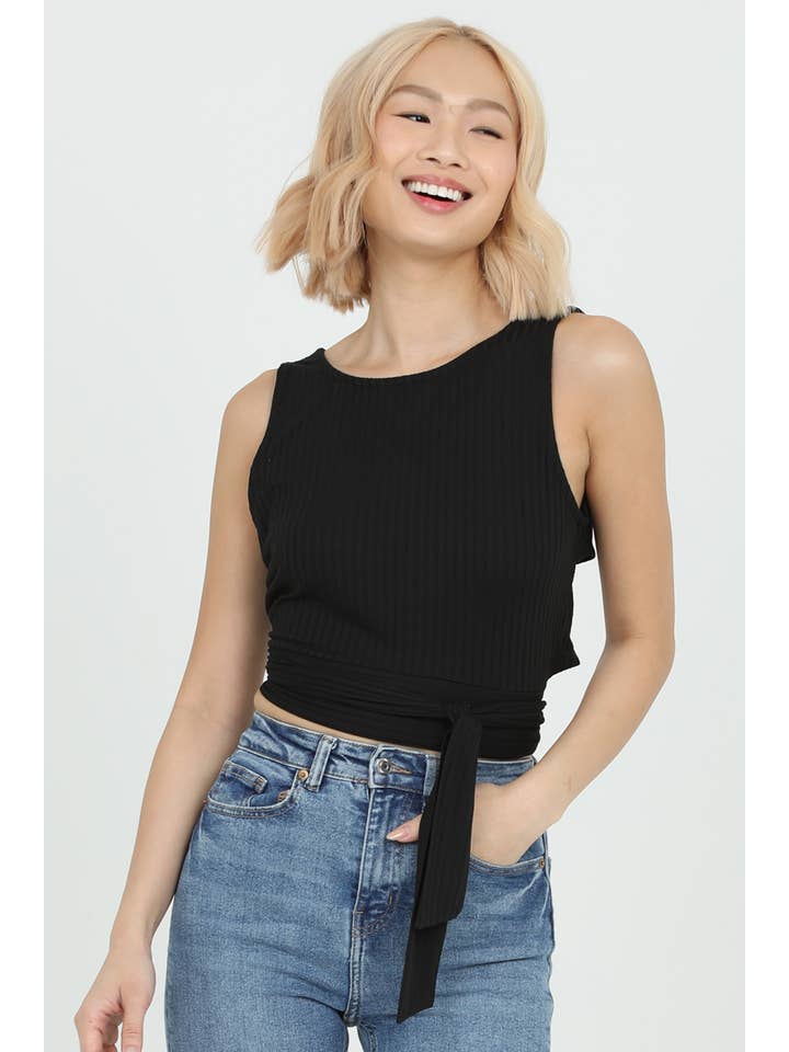 ANGIE - Wholesale Knit Top - Women's - X2DU9-ASIS RIB KNIT STRAPPY BACK TIE WAIST TOP7