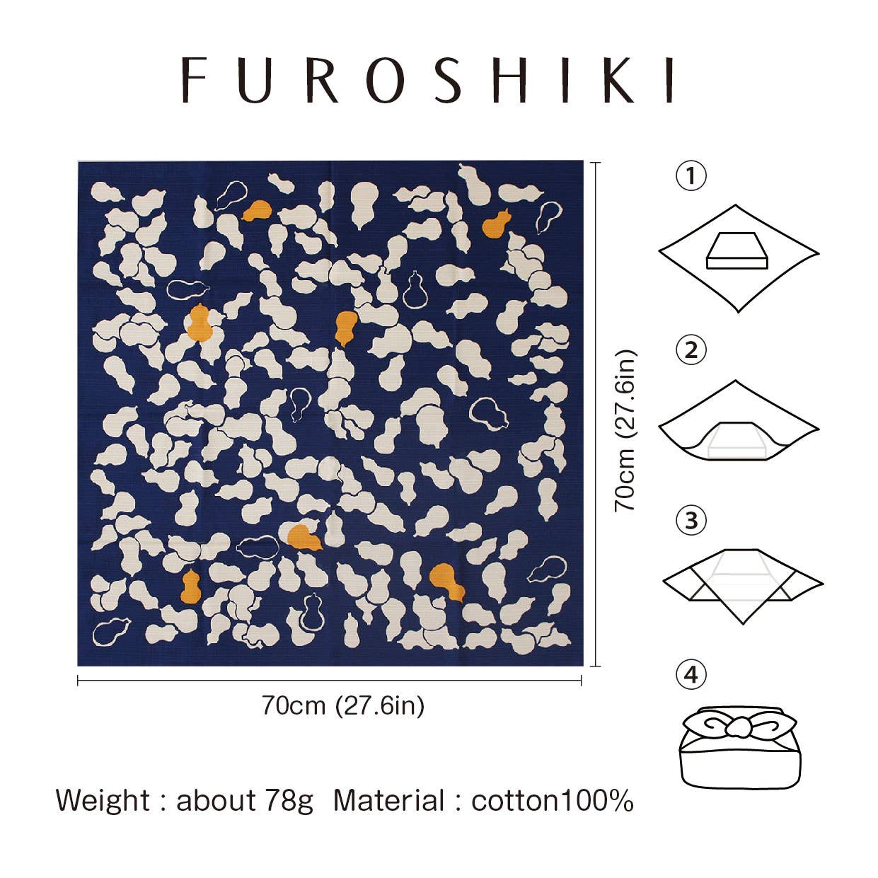 KASHIKO - Wholesale Gift Bag - Fabric gift wrap/Furoshiki/Japanese/70cm×70cm Gourd Navy6