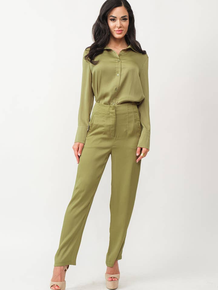 2 piece satin high waist trousers and top set for wholesale by Tea & Cup