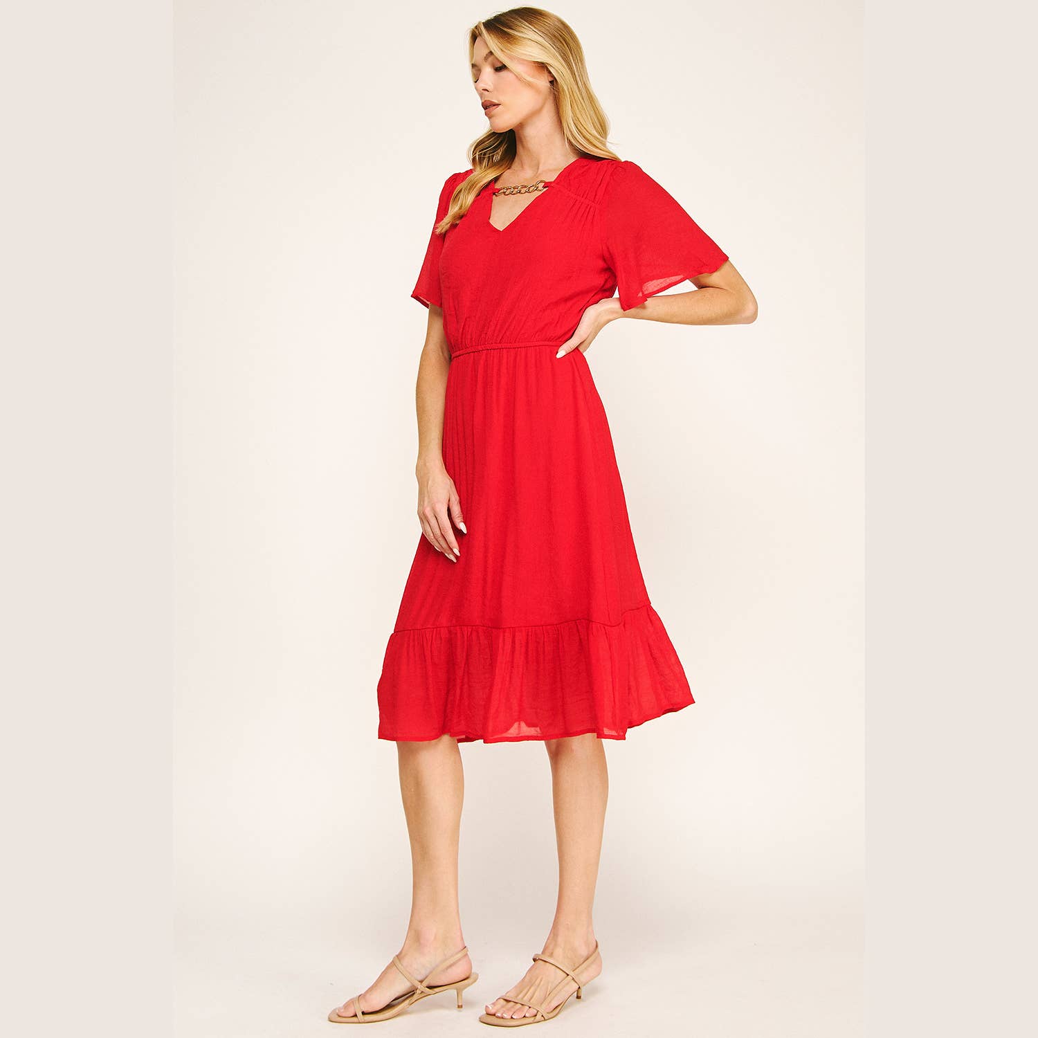 Winslow Collection - Wholesale Dress - Women's - FLUTTER SLEEVE NECKLACE DETAIL PRINTED MIDI DRESS22