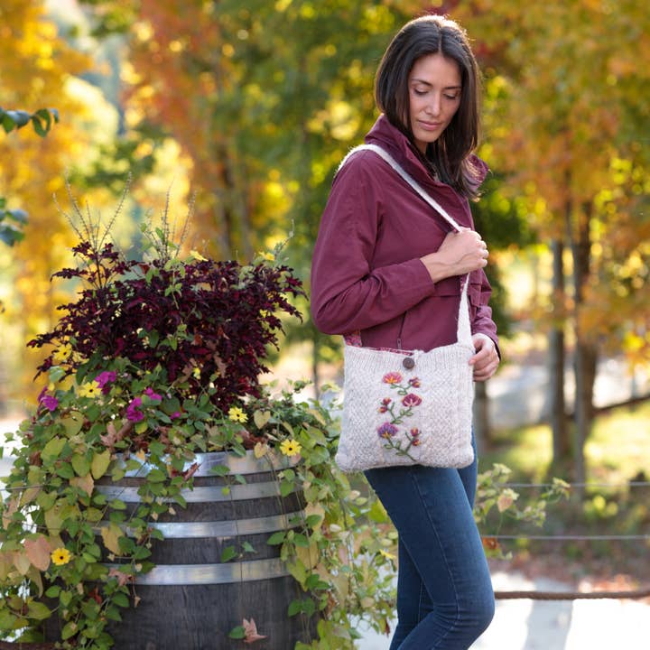 Blooms Wool Handbag – Embroidered Knit Purse for wholesale by Lost Horizons Knitwear – Ships from USA