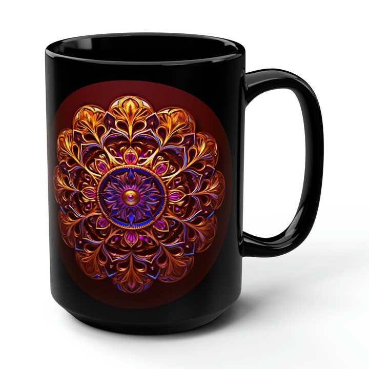 Bronze Medallion on a Black Mug, 15oz for wholesale by Lilly's Artwork