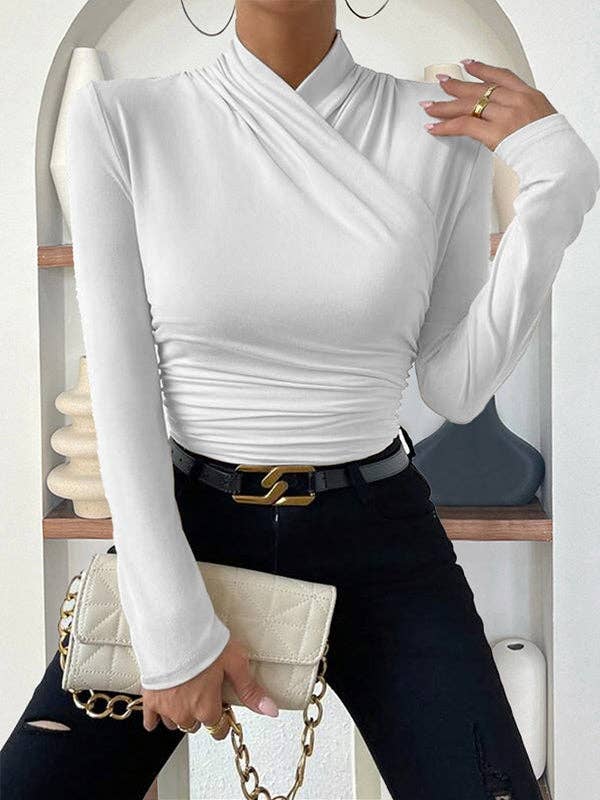 Long Sleeves Skinny Pleated Solid Color Mock Neck T-Shirts Tops for wholesale by VividLux